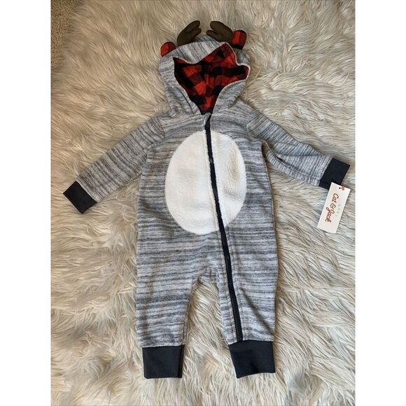 Cat & Jack Baby Boy Hooded Bodysuit 3-6 MOS Outfit Reindeer Soft Antler NWT 3489 - Picture 1 of 13